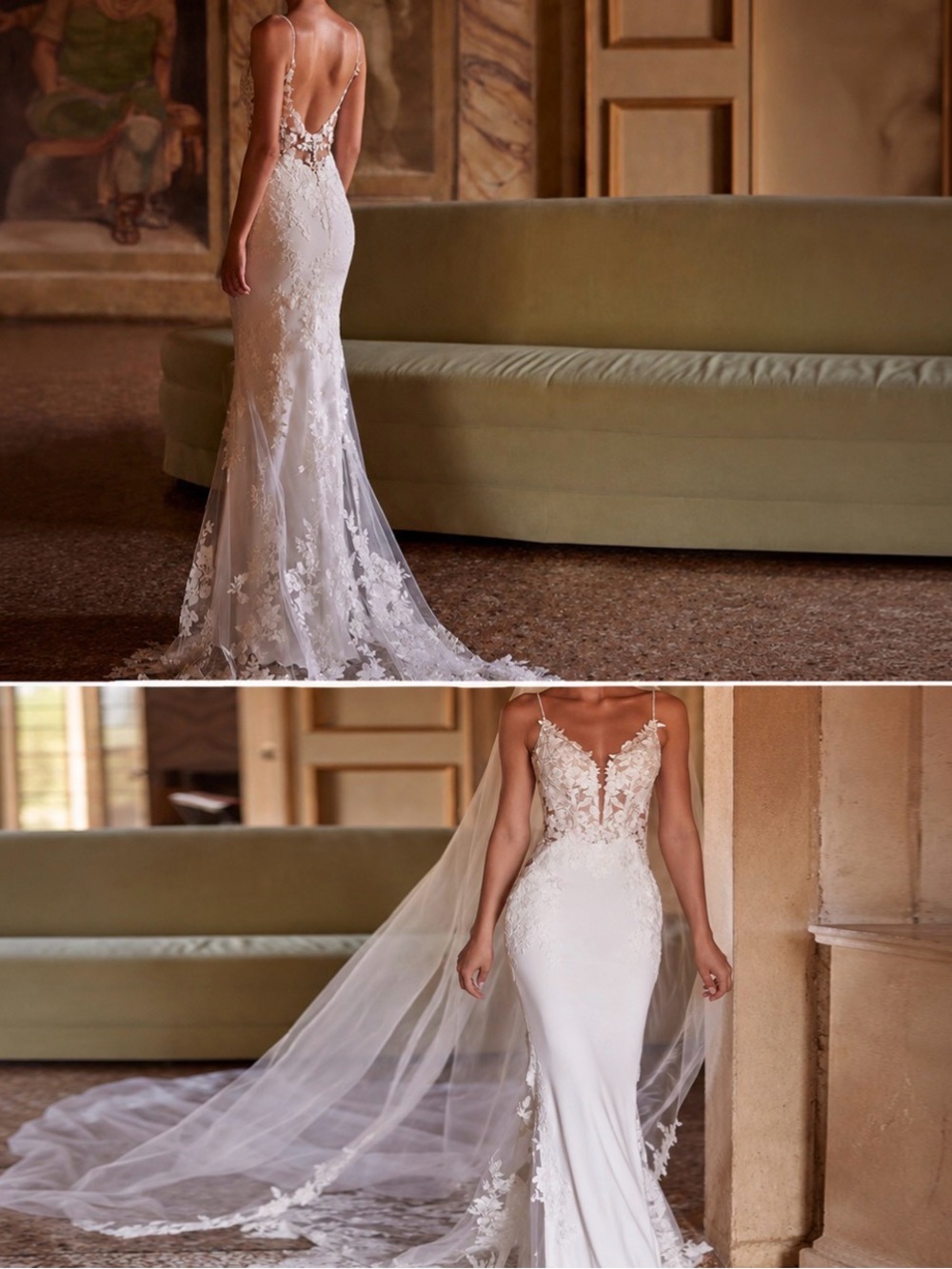 White Lace Mermaid Wedding Dress with Sheer Floral Bodice
